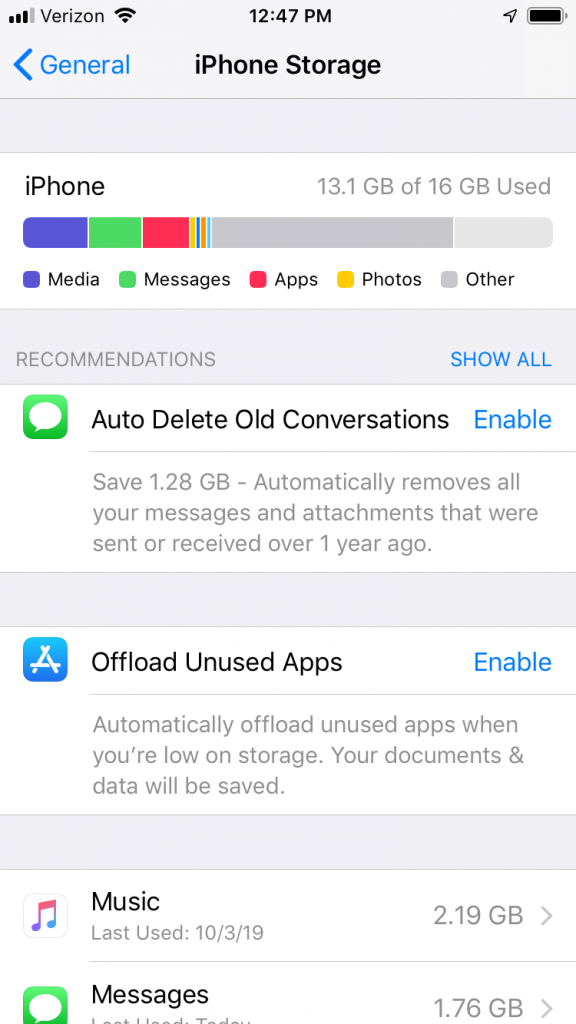 iPhoneが遅い場合、調整ストレージ