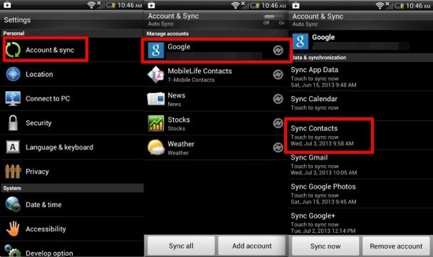 GmailとSamsungの接触を同期します