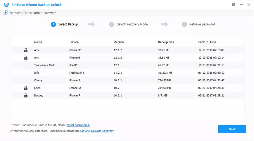 暗号化されたiPhoneバックアップファイルを選択します