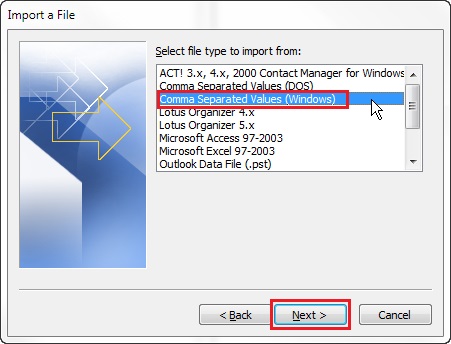CSVファイルをOutlookに移動します