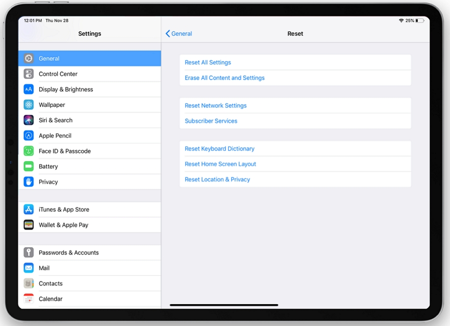 iPadのすべての設定をリセットします 