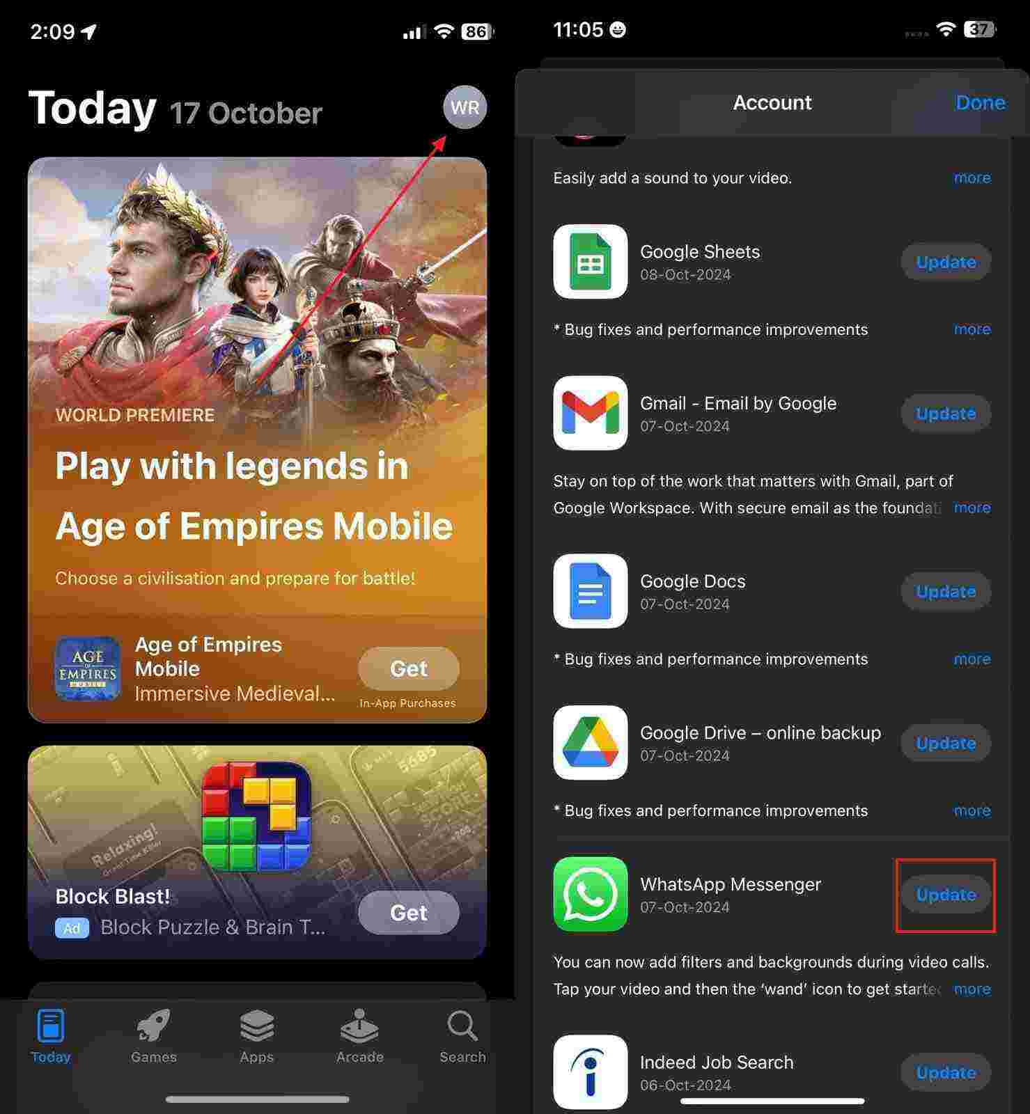 WhatsAppを更新するためにAppleストアを開きます