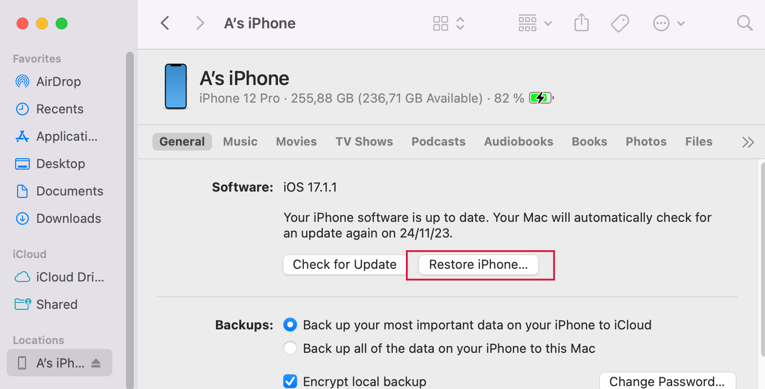 Finderを使用してiPhoneを復元します