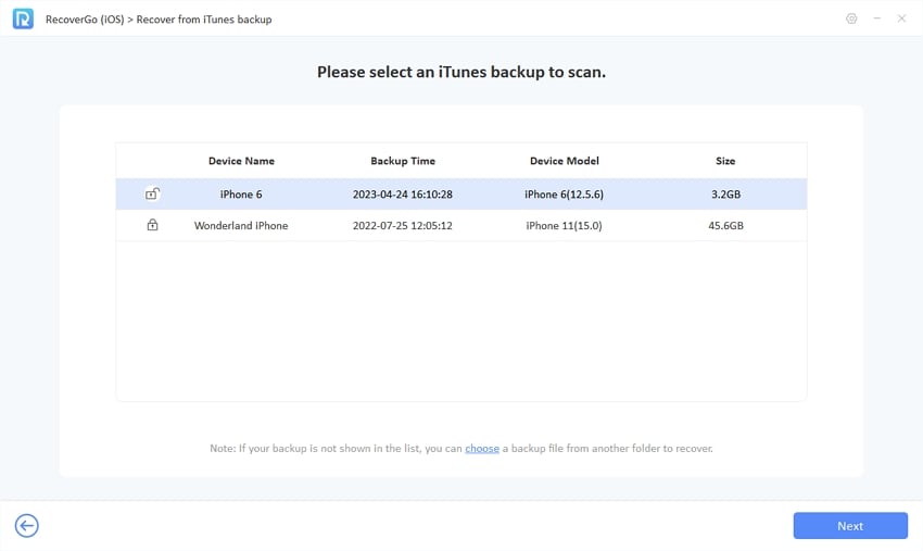 Recovergo iOS iTunesバックアップリスト