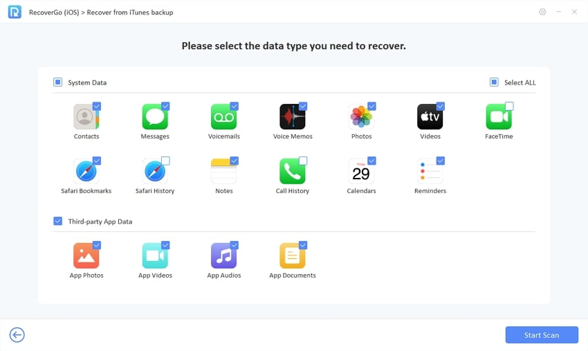 Recovergo iOSガイド -  iTunesバックアップからデータを回復するデータを選択します