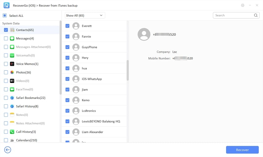 Recovergo iOSはスキャンされたデータを表示します