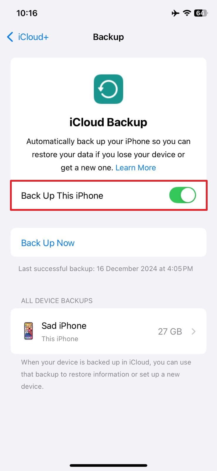 このiPhoneのバックアップを有効にします
