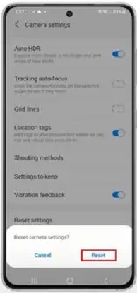 Samsungカメラアプリをリセットします