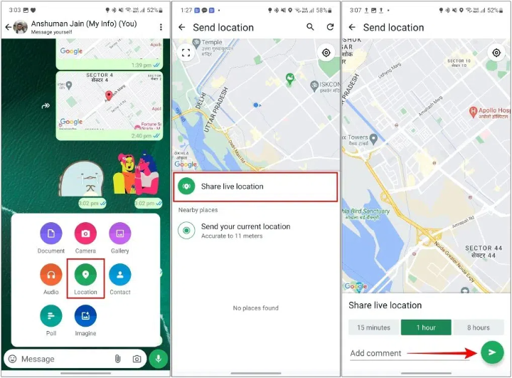 WhatsAppのライブロケーションを送信します