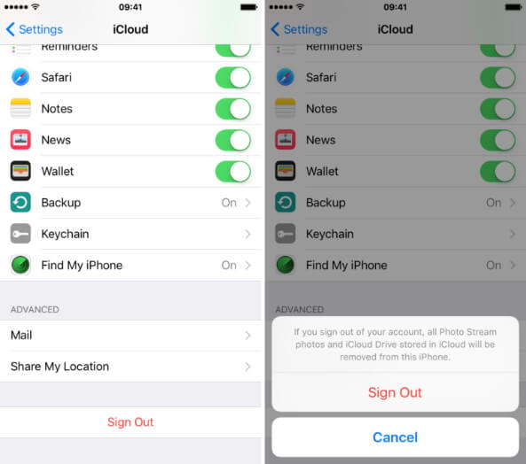 iCloudにサインアウトします