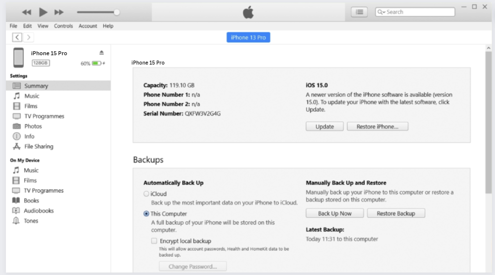 iTunesを備えたバックアップiPhone 15