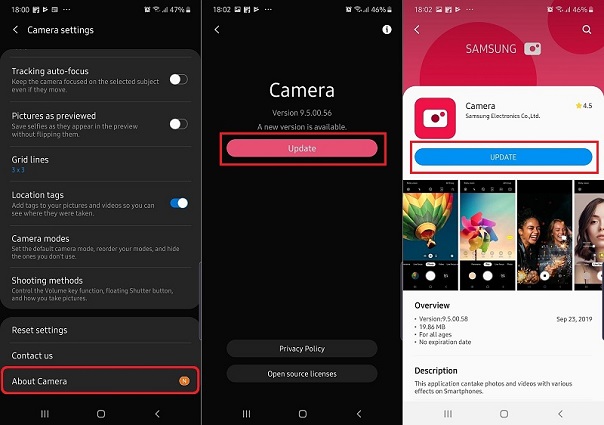 Samsung S22でカメラアプリを更新します