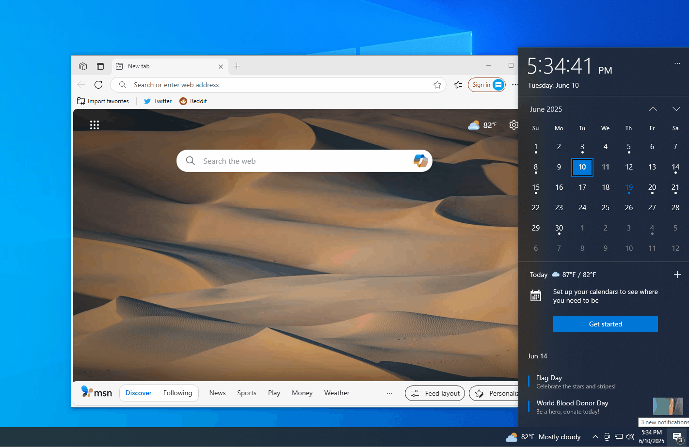 Windows 10でBingを使用したカレンダーフライアウト
